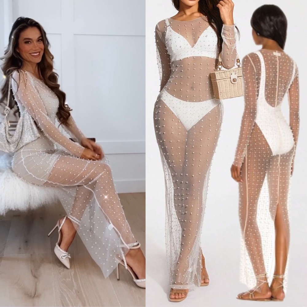 White Mesh Pearl Rhinestone Sheer Maxi Dress Long Sleeve Festival Coverup Bridal